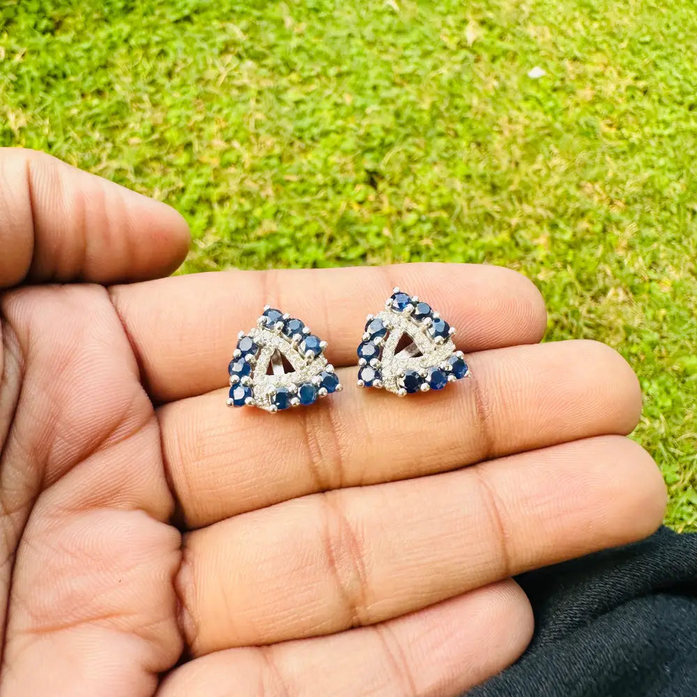 Fine Gemstone Round Blue Sapphire & American Diamond Trillion Shape Stud Earrings Wholesale Jewelry