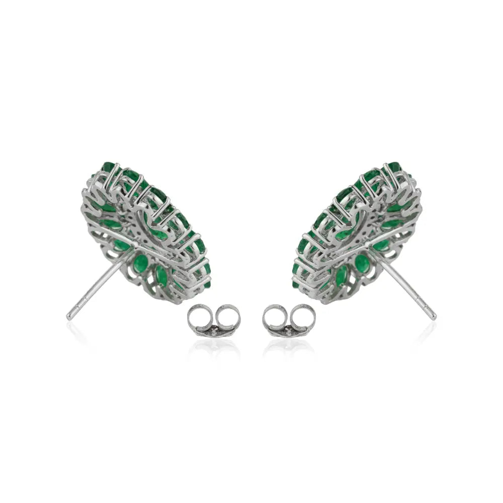Floral Inspired Zambian Emerald & Diamond Halo Statement Stud Earrings 14K White Gold