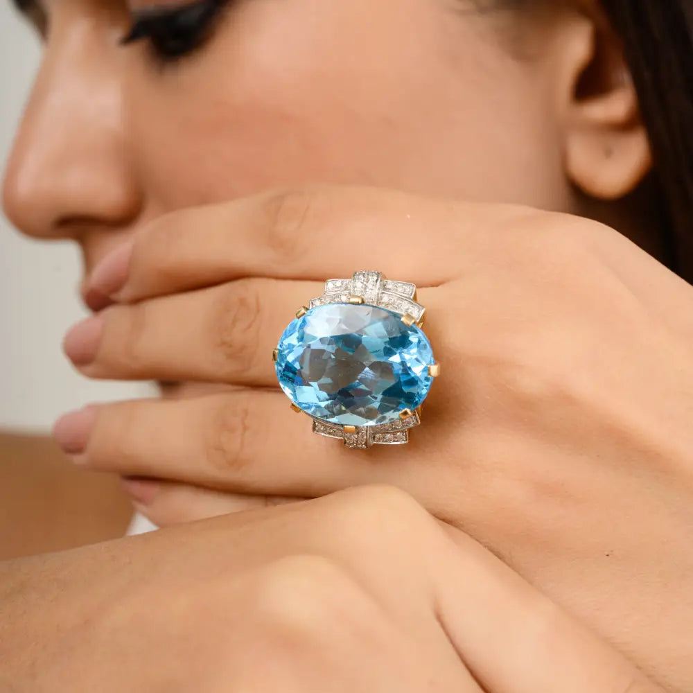 14K Yellow Gold Real Blue Topaz & Diamond Chunky Ring December Birthstone Jewelry Gift