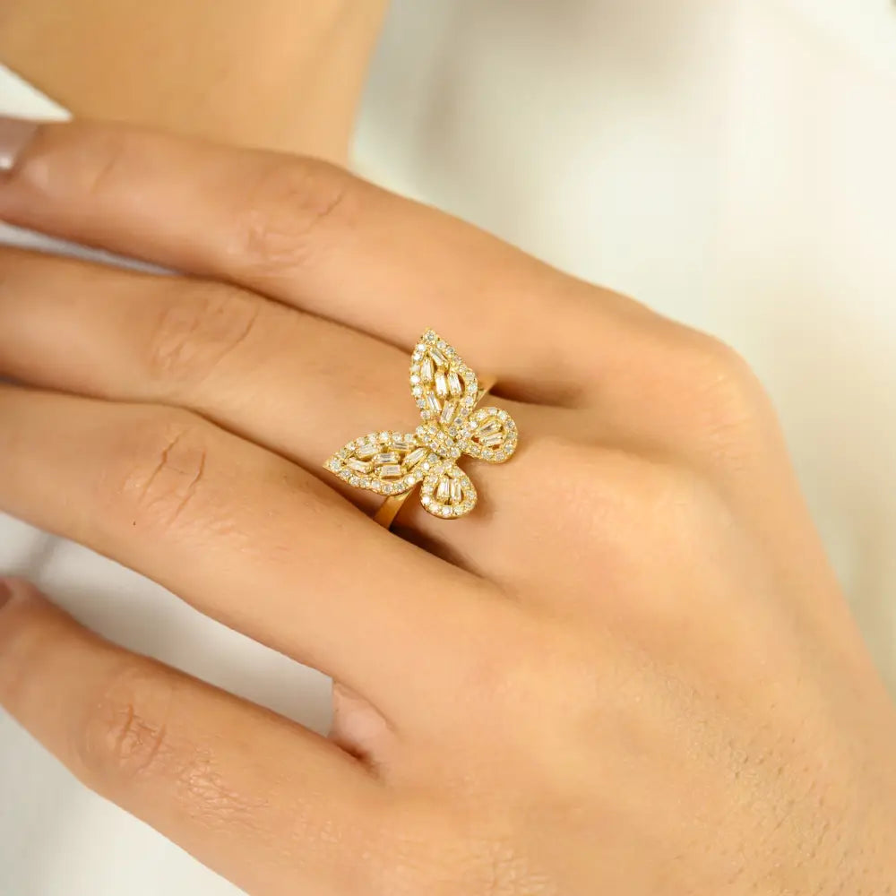 Unique Design Luxury Natural Diamond 18K Yellow Gold Butterfly Ring Customized Jewelry