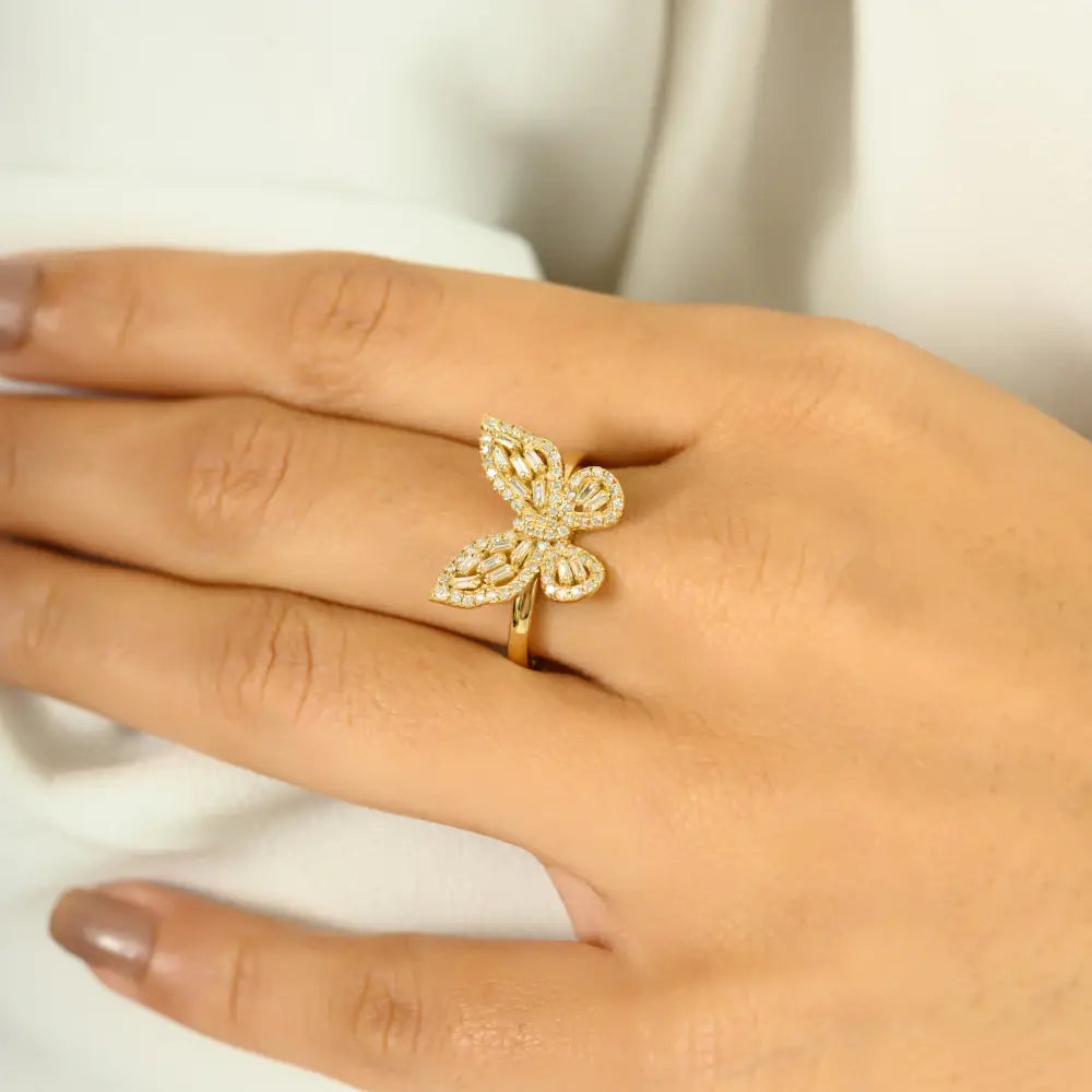 Unique Design Luxury Natural Diamond 18K Yellow Gold Butterfly Ring Customized Jewelry