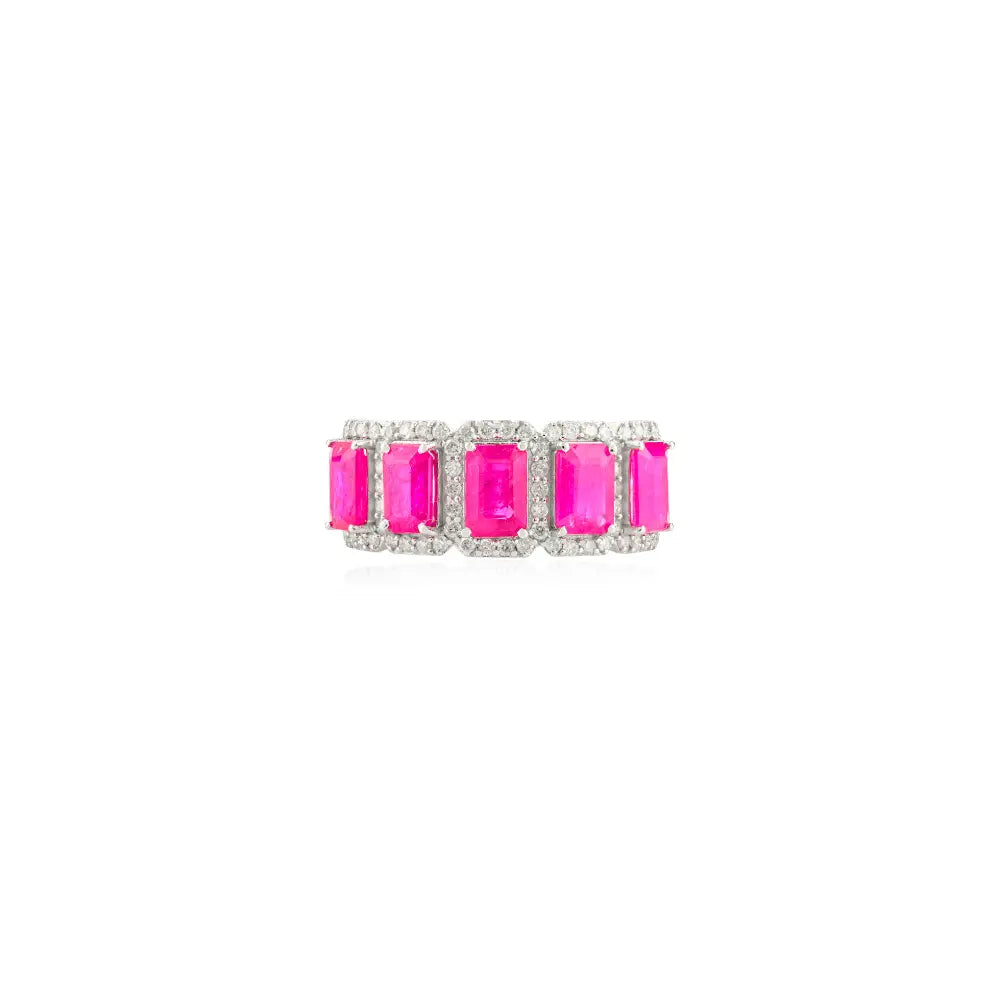 Solid 14K Gold Authentic Ruby & Diamond Halo Half Band Ring Unique Wedding Jewelry