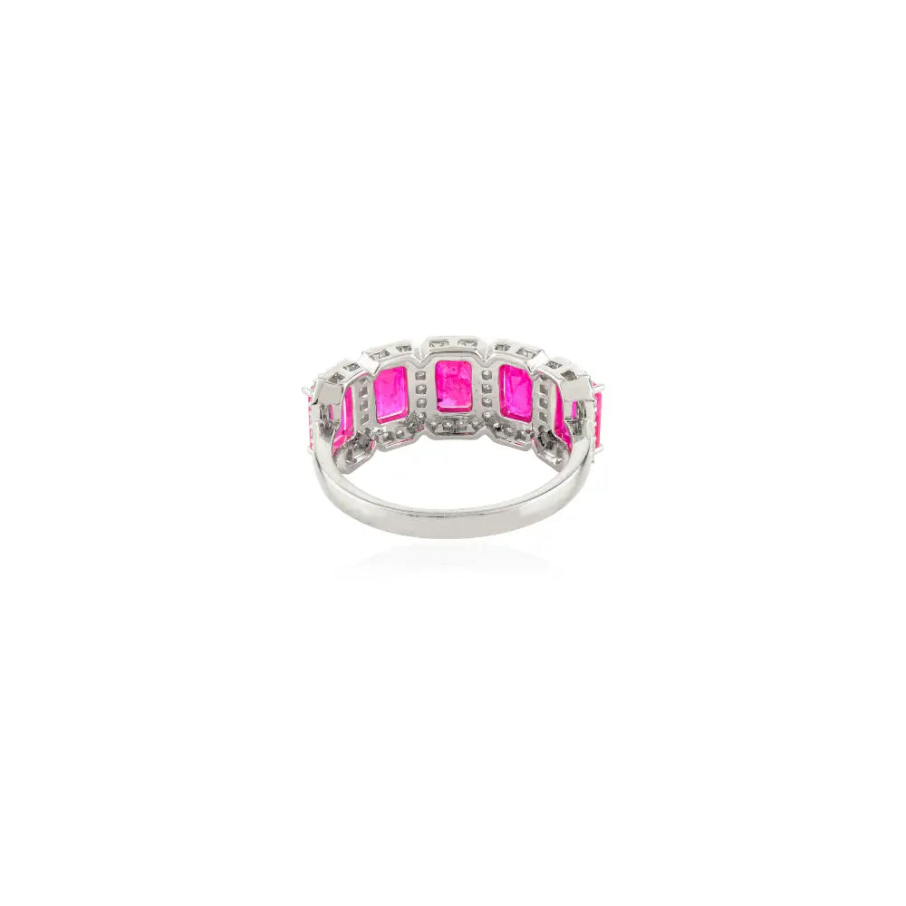 Solid 14K Gold Authentic Ruby & Diamond Halo Half Band Ring Unique Wedding Jewelry
