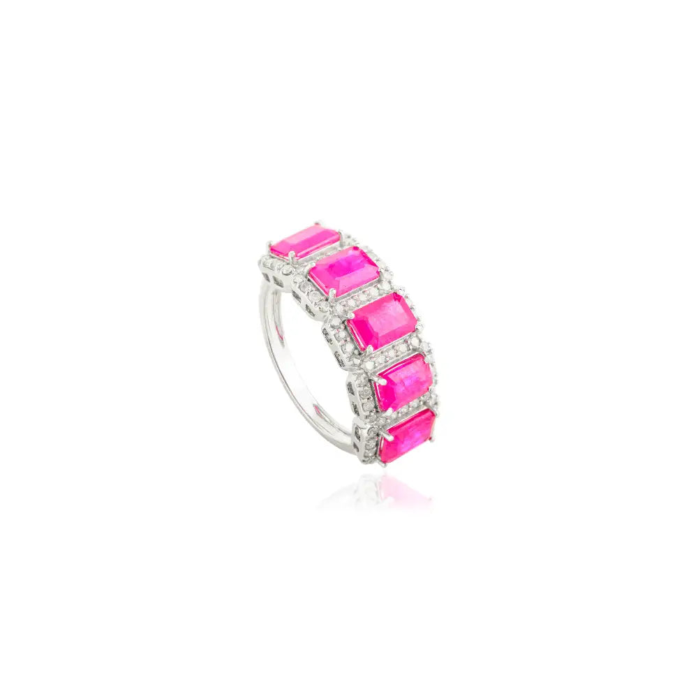 Solid 14K Gold Authentic Ruby & Diamond Halo Half Band Ring Unique Wedding Jewelry