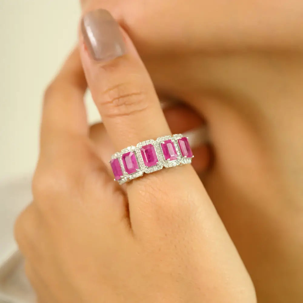 Solid 14K Gold Authentic Ruby & Diamond Halo Half Band Ring Unique Wedding Jewelry