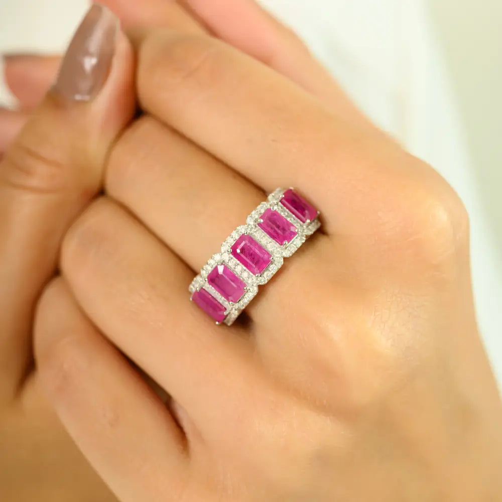 Solid 14K Gold Authentic Ruby & Diamond Halo Half Band Ring Unique Wedding Jewelry