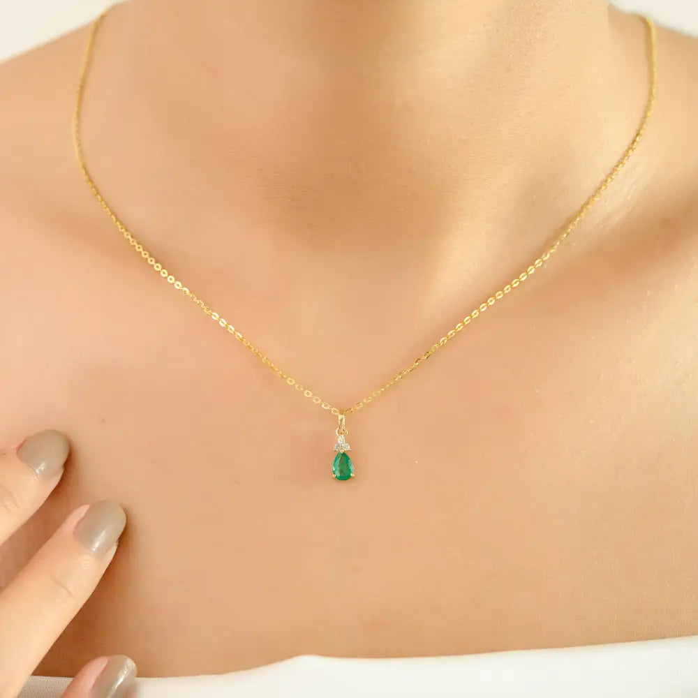 Elegant Minimal 18K Yellow Gold Emerald & Diamond Rings Earrings & Pendant 3 Pcs Jewelry Set
