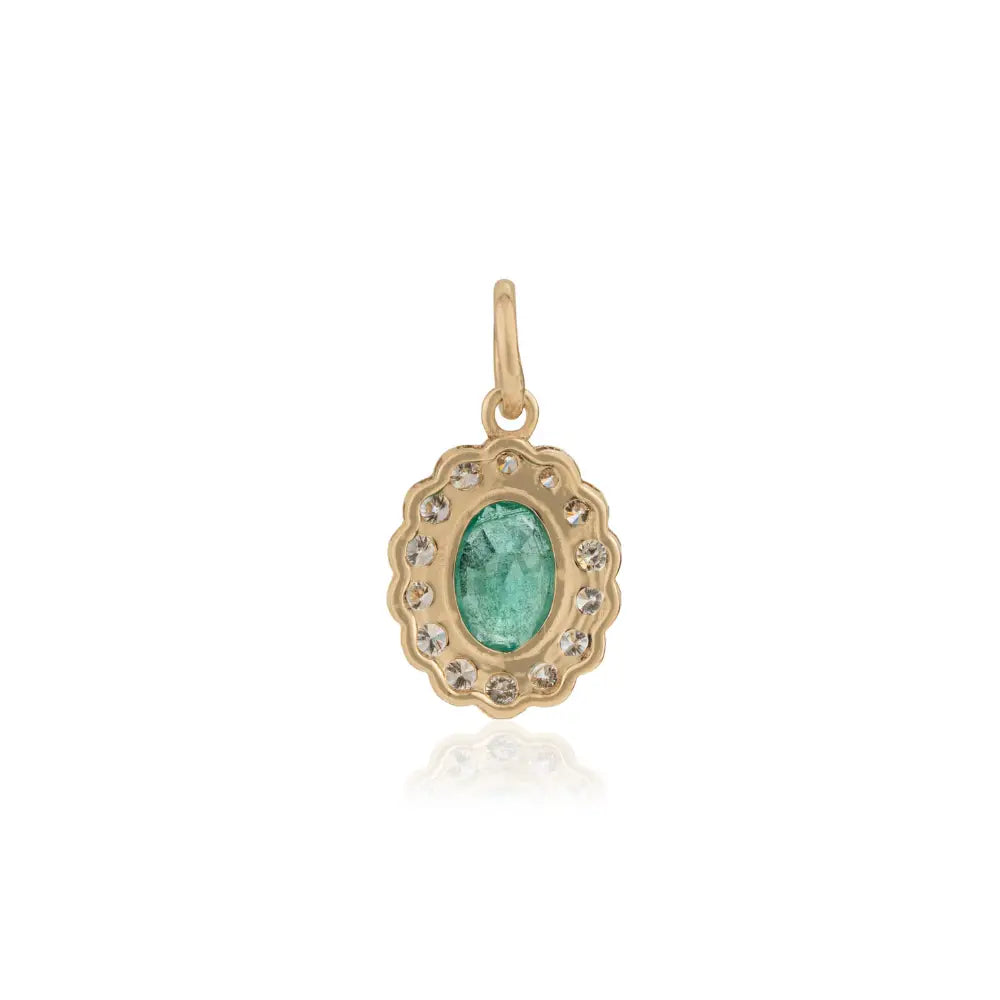 Bezel Set Emerald & Diamond 14K Solid Yellow Gold Cluster Pendant For Women Fine Jewelry