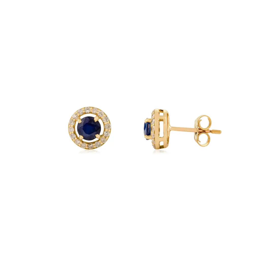 Simple Design 14K Solid Gold Blue Sapphire & Diamond Round Shape Halo Stud Earrings