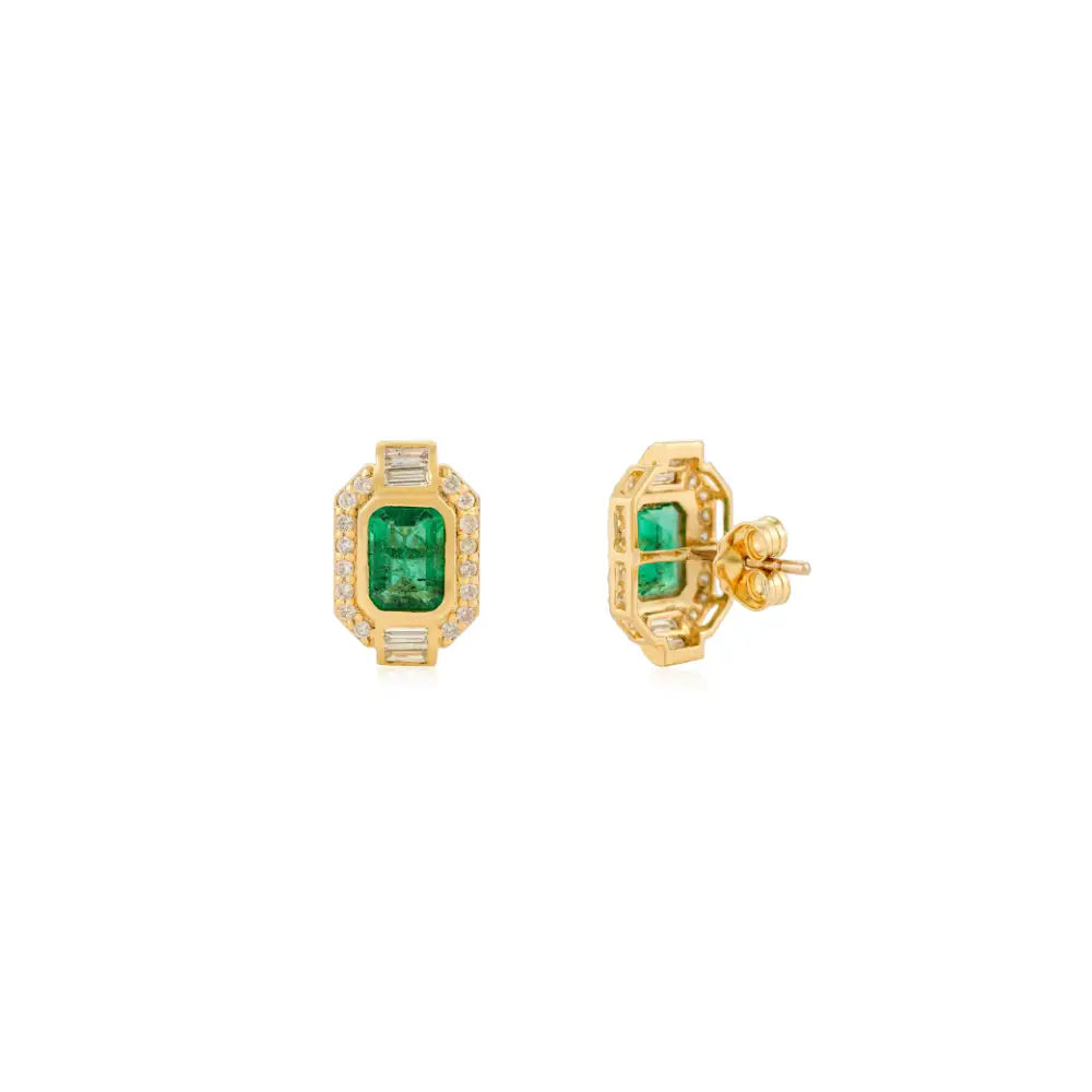 Bezel Set Emerald & Diamond Stud Earrings Trending Everyday Jewelry Real 18K Yellow Gold