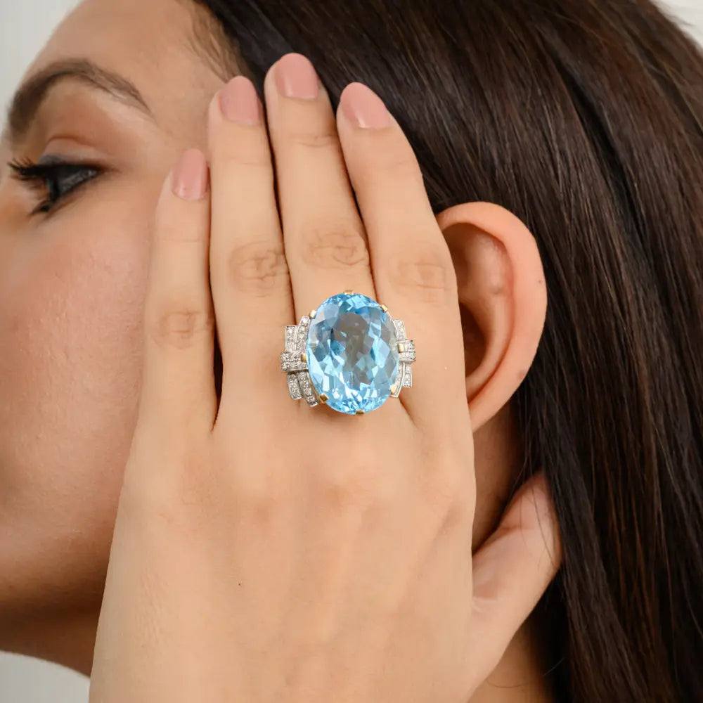 14K Yellow Gold Real Blue Topaz & Diamond Chunky Ring December Birthstone Jewelry Gift