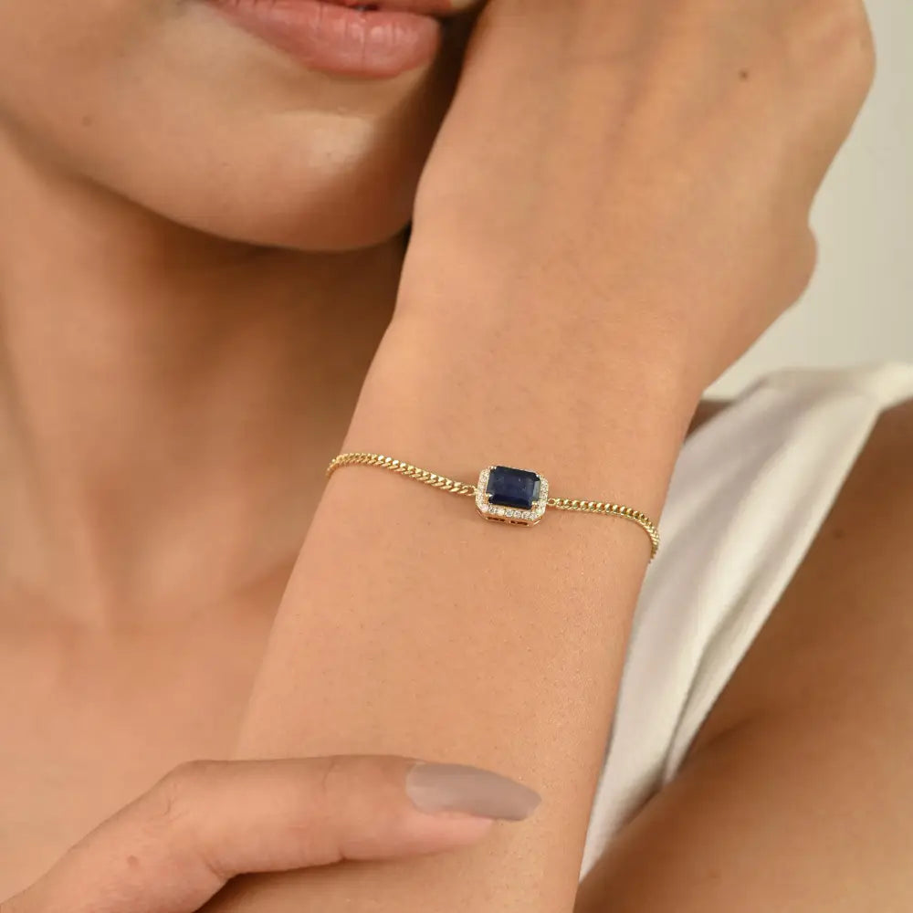 Prong Setting Blue Sapphire & Diamond 14K Solid Gold Cuban Chain Halo Bracelet Unisex
