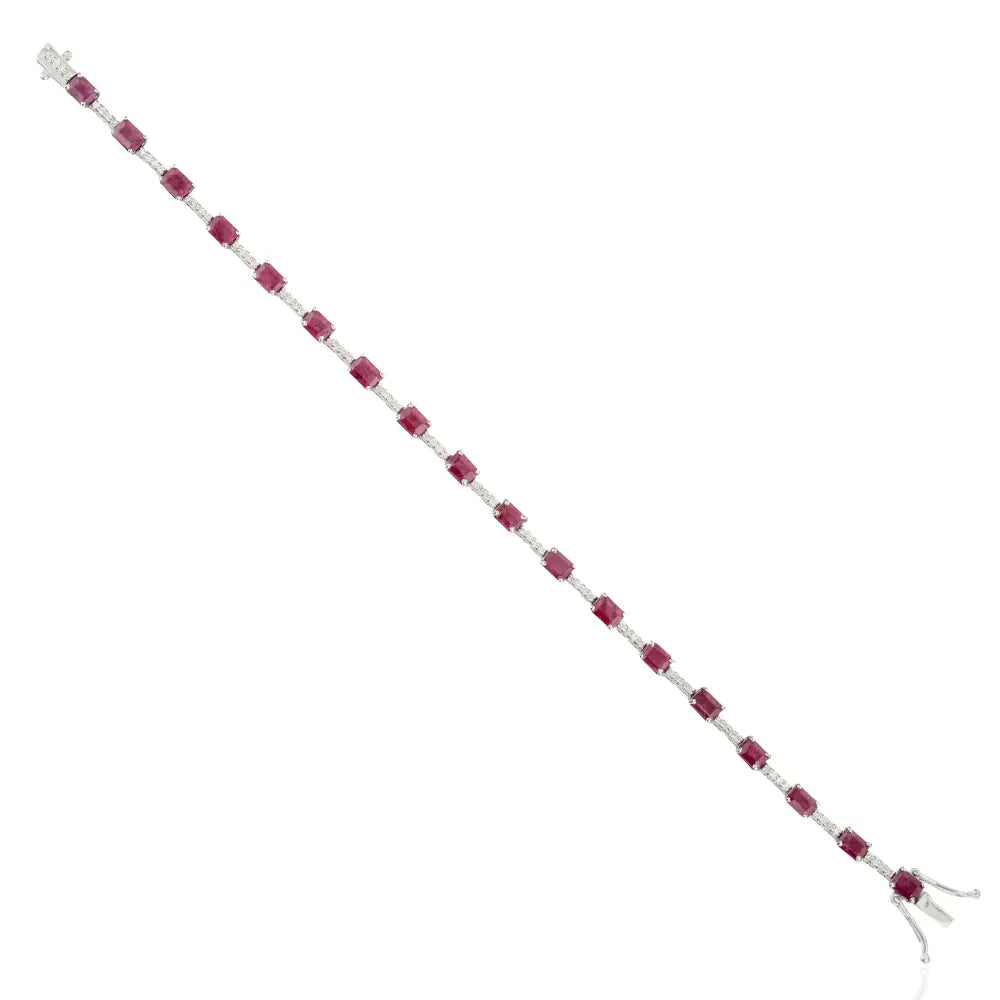 Simple Elegant Design 14K Real White Gold Ruby & Diamond Sleek Tennis Bracelet For Women