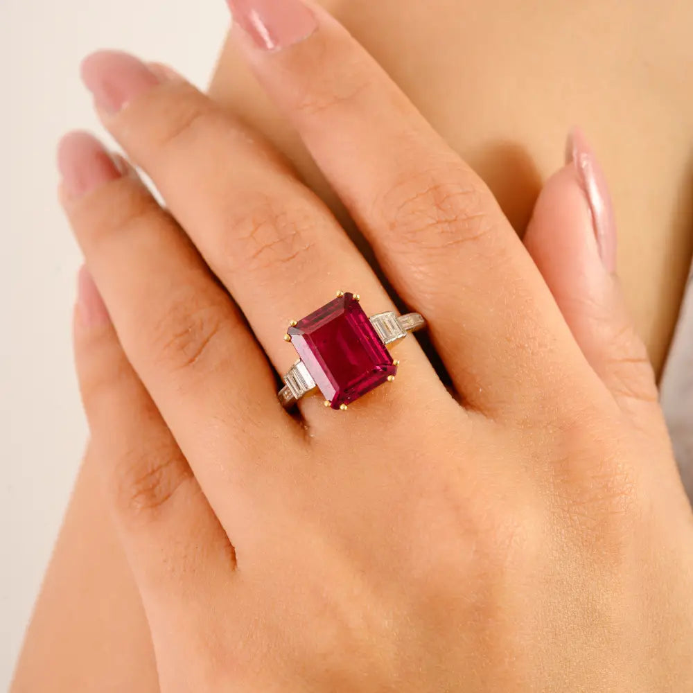 Pink Tourmaline & Diamond Double Prong Setting Wedding Ring Authentic 14K Yellow Gold