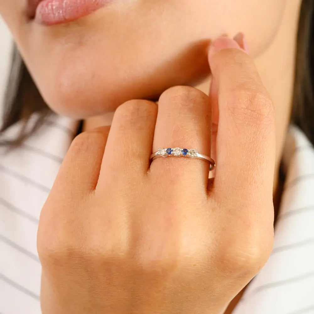 Round Cut Blue Sapphire & Diamond Minimalist Ring 14K White Gold Light Weight Jewelry