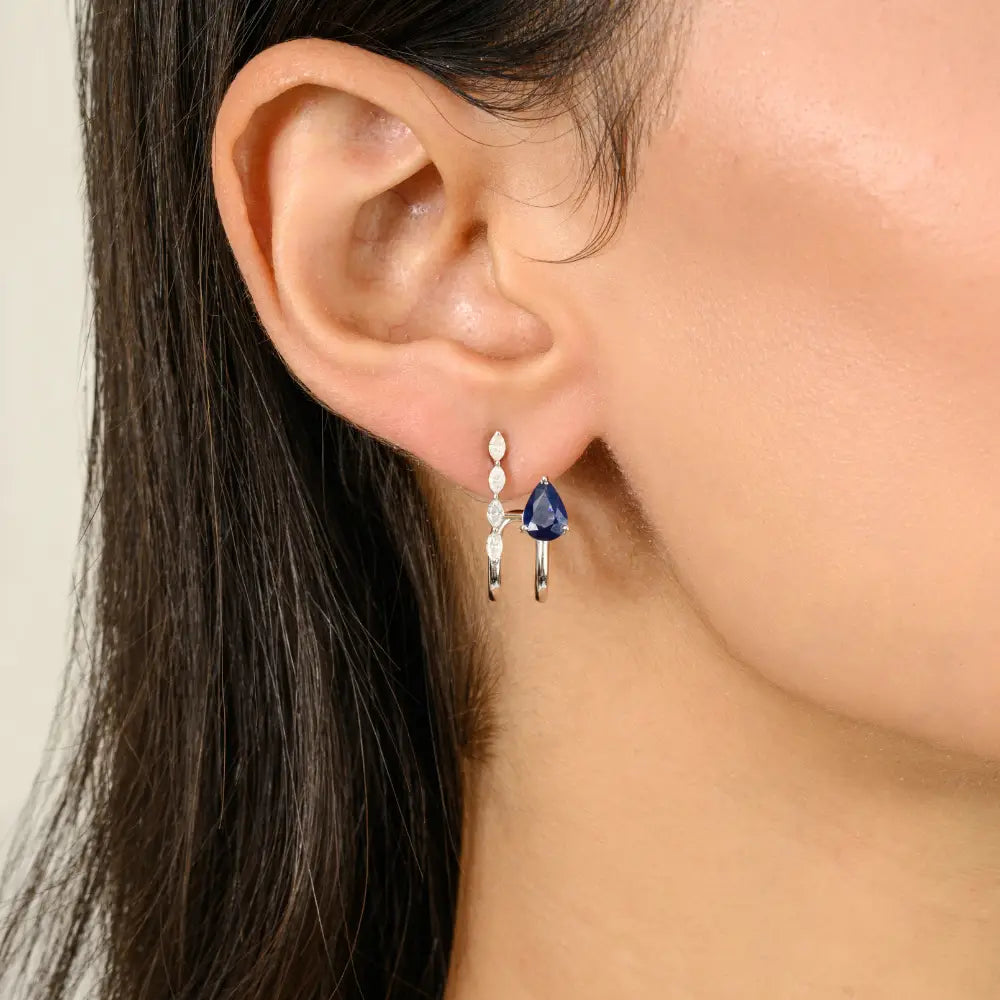 Modern Design K14 White Gold Blue Sapphire & Diamond Huggies Stud Earrings Unique Jewelry