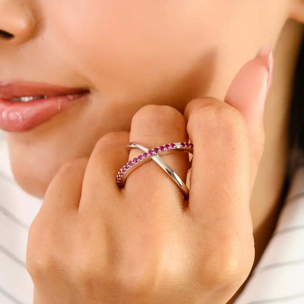 Statement Fine Jewelry Round Cut Ruby & Diamond 14K White Gold Criss-Cross Ring