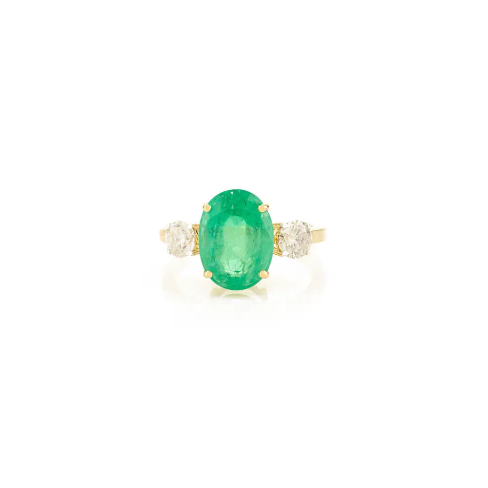 Genuine Emerald & Diamond Three Stone Ring Real K14 Yellow Gold Custom Made Jewelry