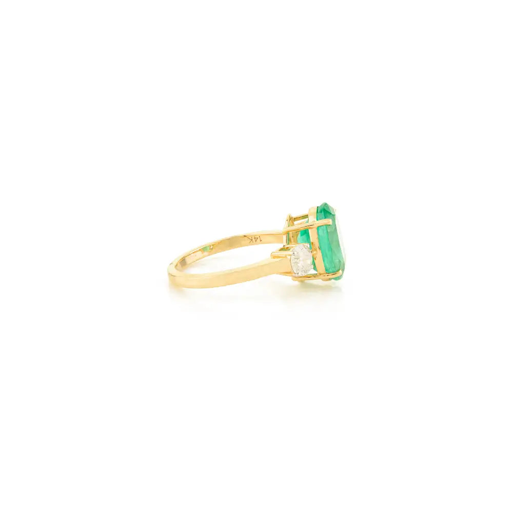 Genuine Emerald & Diamond Three Stone Ring Real K14 Yellow Gold Custom Made Jewelry