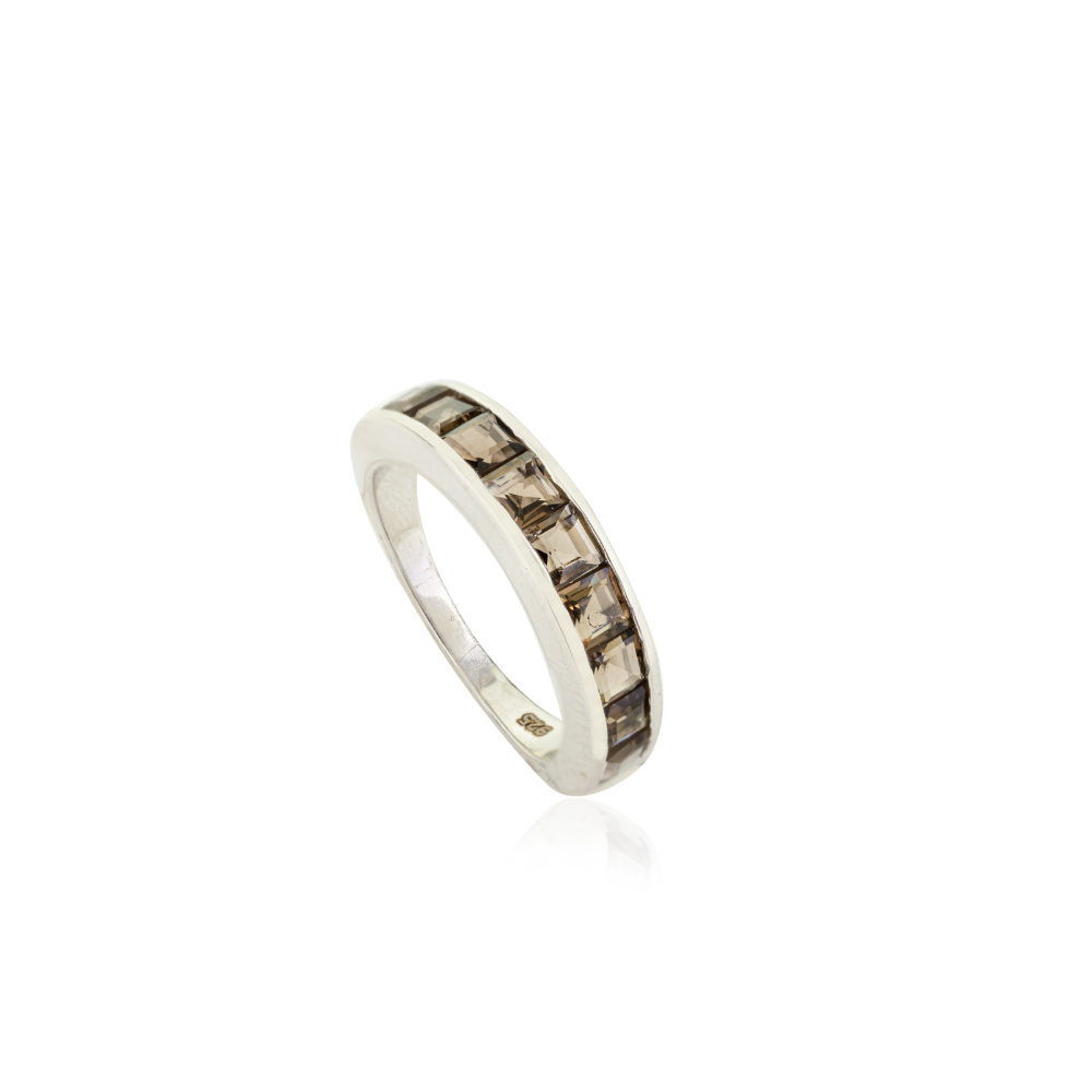 Solid 925 Silver Square Shape 100% Authentic Smoky Topaz Half Eternity Band Ring Birthday Gift For Her