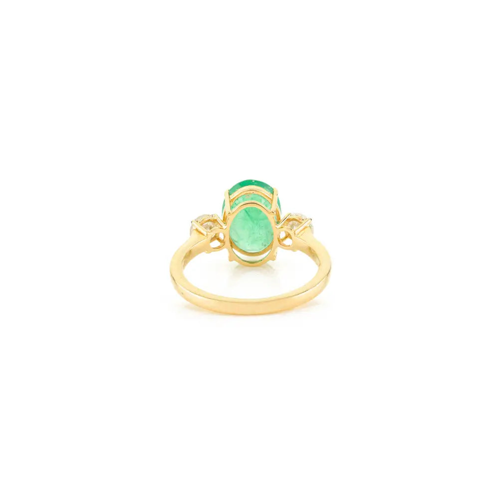 Genuine Emerald & Diamond Three Stone Ring Real K14 Yellow Gold Custom Made Jewelry