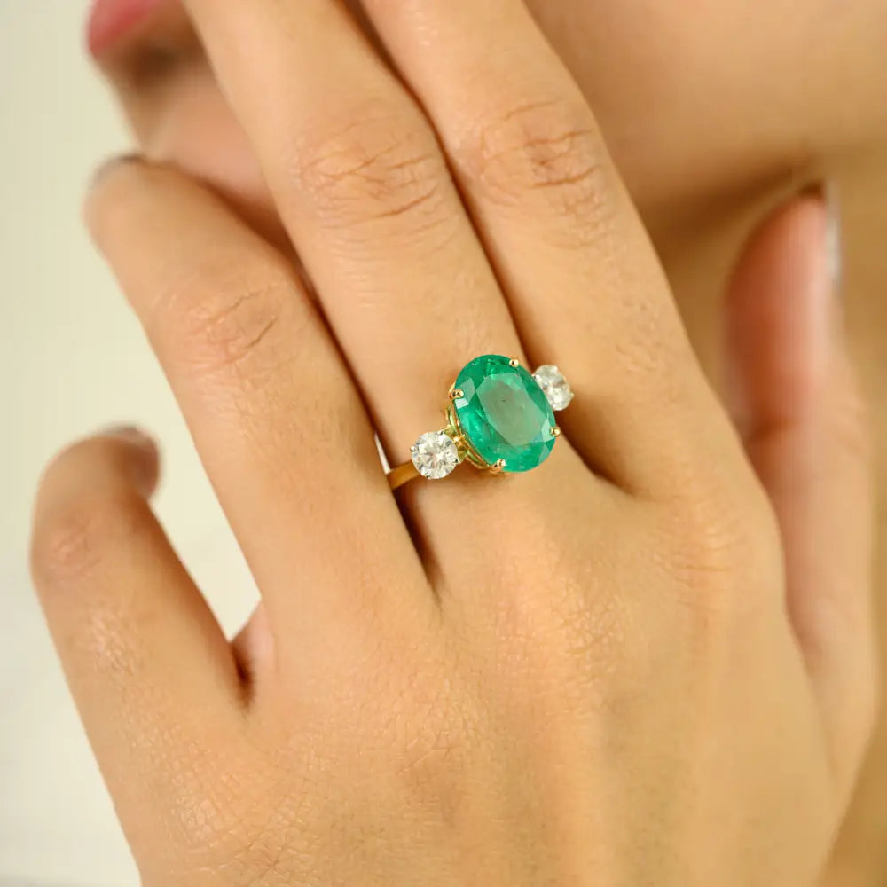 Genuine Emerald & Diamond Three Stone Ring Real K14 Yellow Gold Custom Made Jewelry