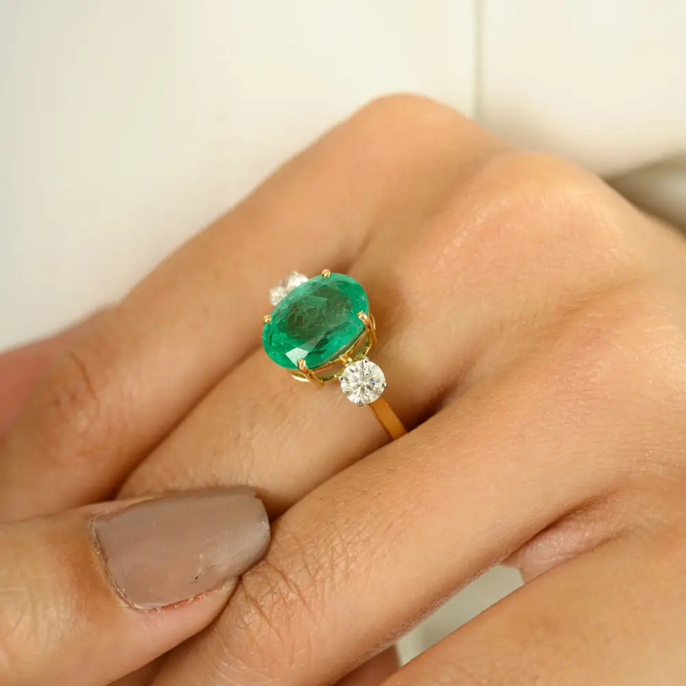 Genuine Emerald & Diamond Three Stone Ring Real K14 Yellow Gold Custom Made Jewelry
