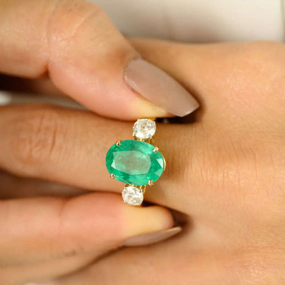 Genuine Emerald & Diamond Three Stone Ring Real K14 Yellow Gold Custom Made Jewelry
