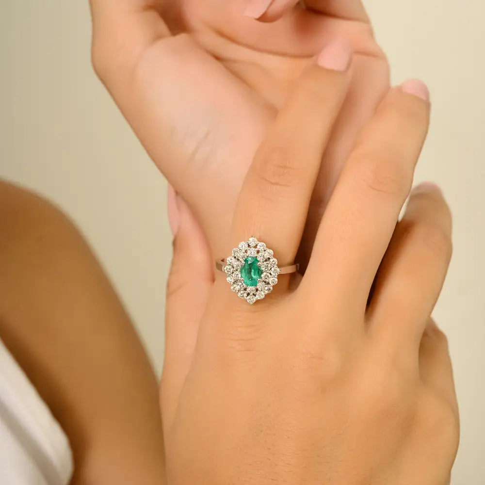 18K Solid White Gold Vintage Style Emerald & Diamond Double Cluster Ring Engagement Jewelry