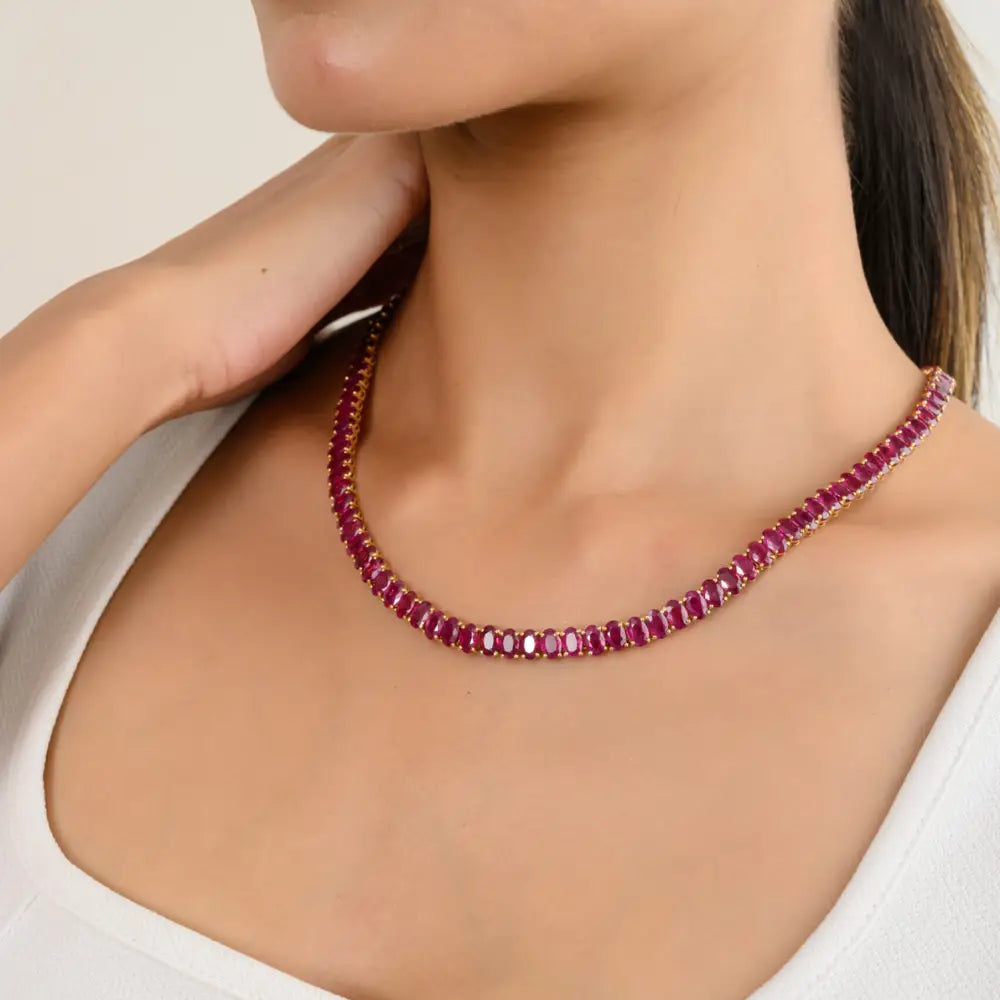Birthstone Jewelry Oval Cut Ruby July Birthstone Real Yellow Gold Tennis Necklace
