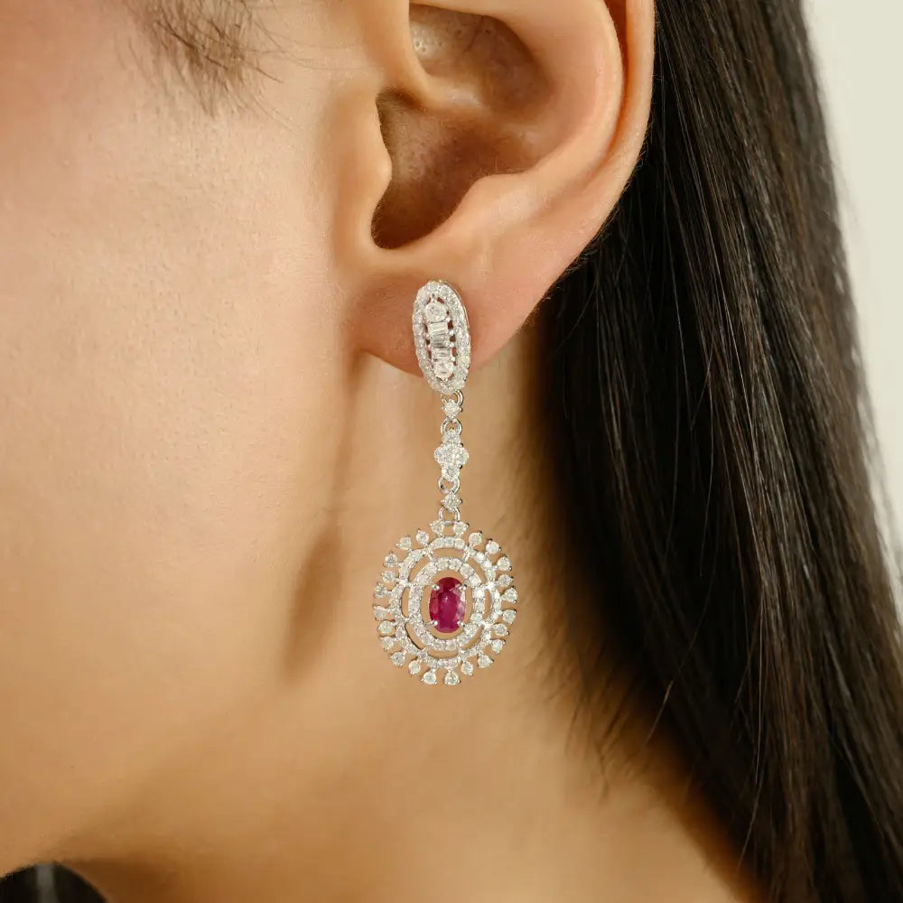 Statement Jewelry Ruby & Diamond Bridal Dangle Earrings Pure 14K White Gold Wholesale Price