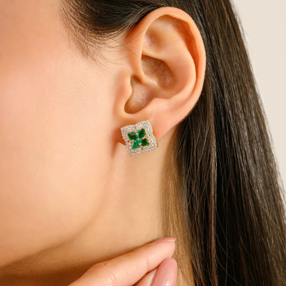 14K Yellow Gold Emerald & Diamond Four Leaf Clover Stud Earrings Wedding Women Jewelry