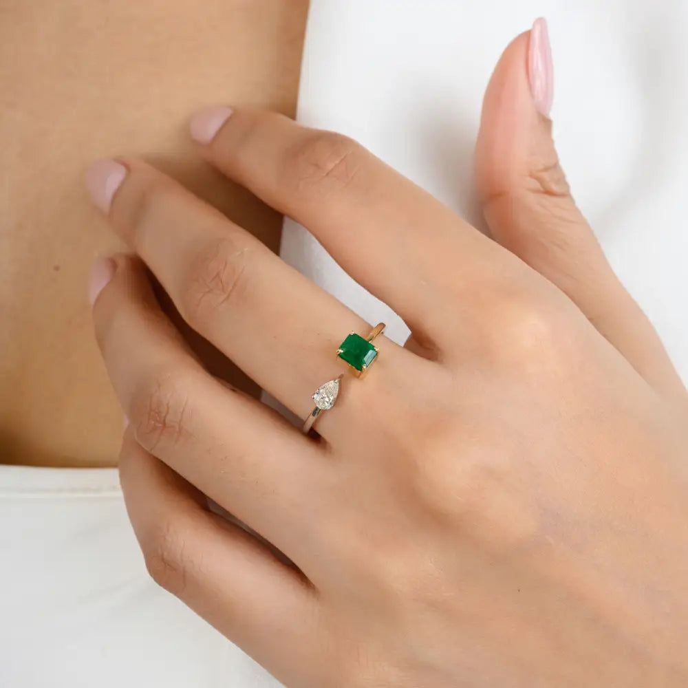 Octagon Cut Emerald & Diamond Two Tone Open Ring with 18k Solid Gold