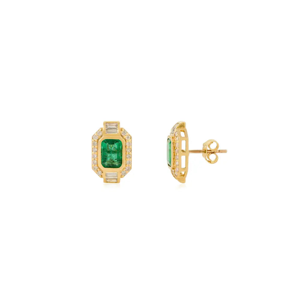 Bezel Set Emerald & Diamond Stud Earrings Trending Everyday Jewelry Real 18K Yellow Gold