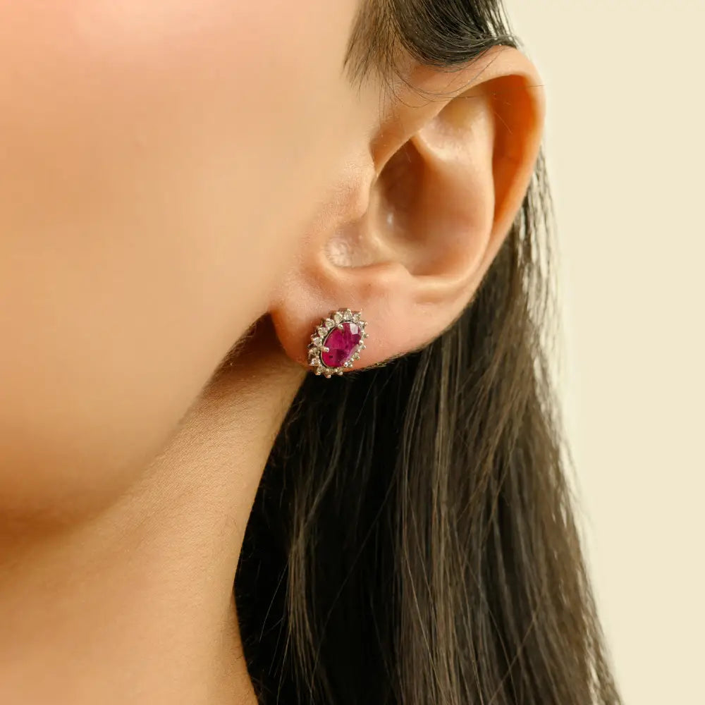 100% Authentic Ruby & Diamond Daily Wear Cluster Stud Earrings Women 18K Solid White Gold