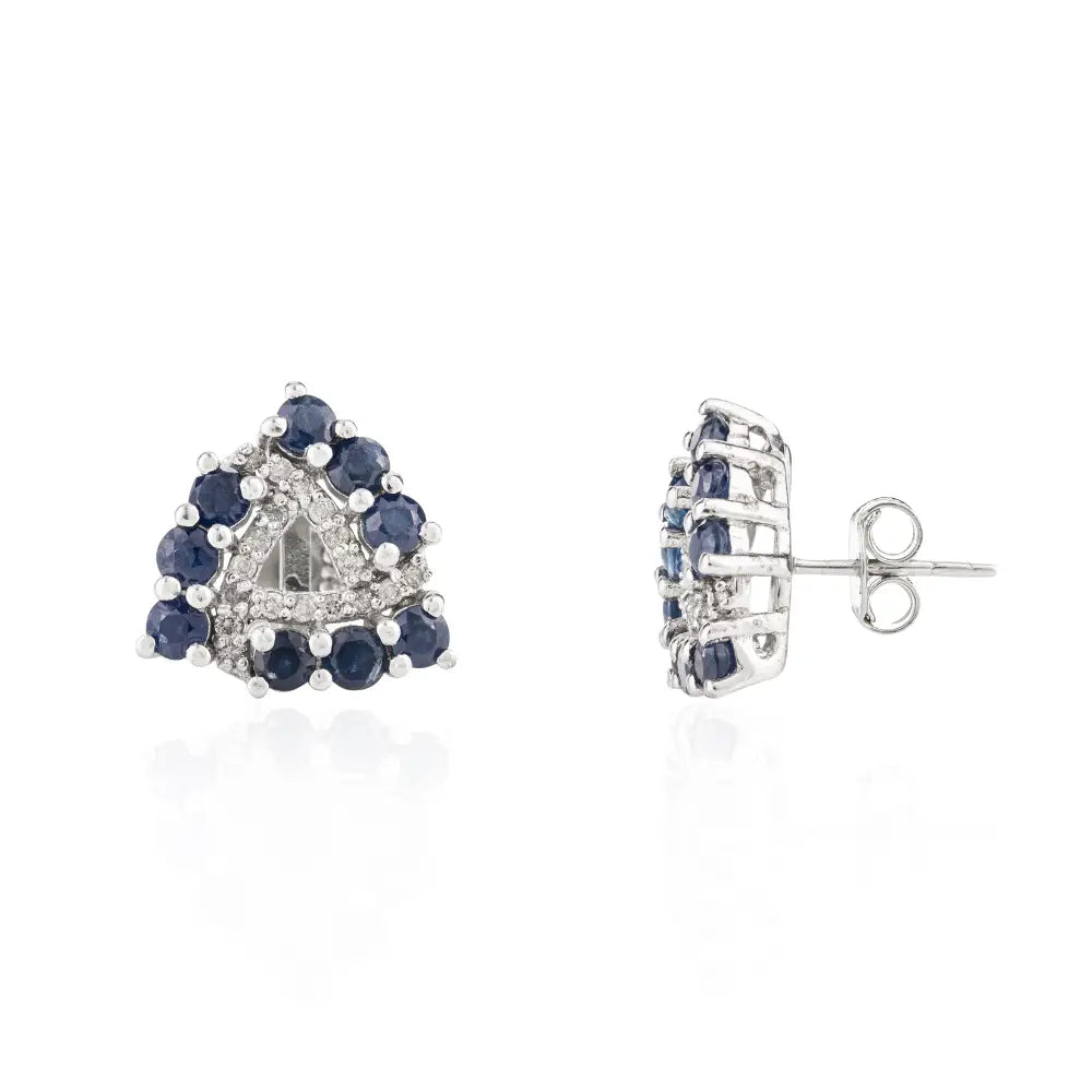 Fine Gemstone Round Blue Sapphire & American Diamond Trillion Shape Stud Earrings Wholesale Jewelry