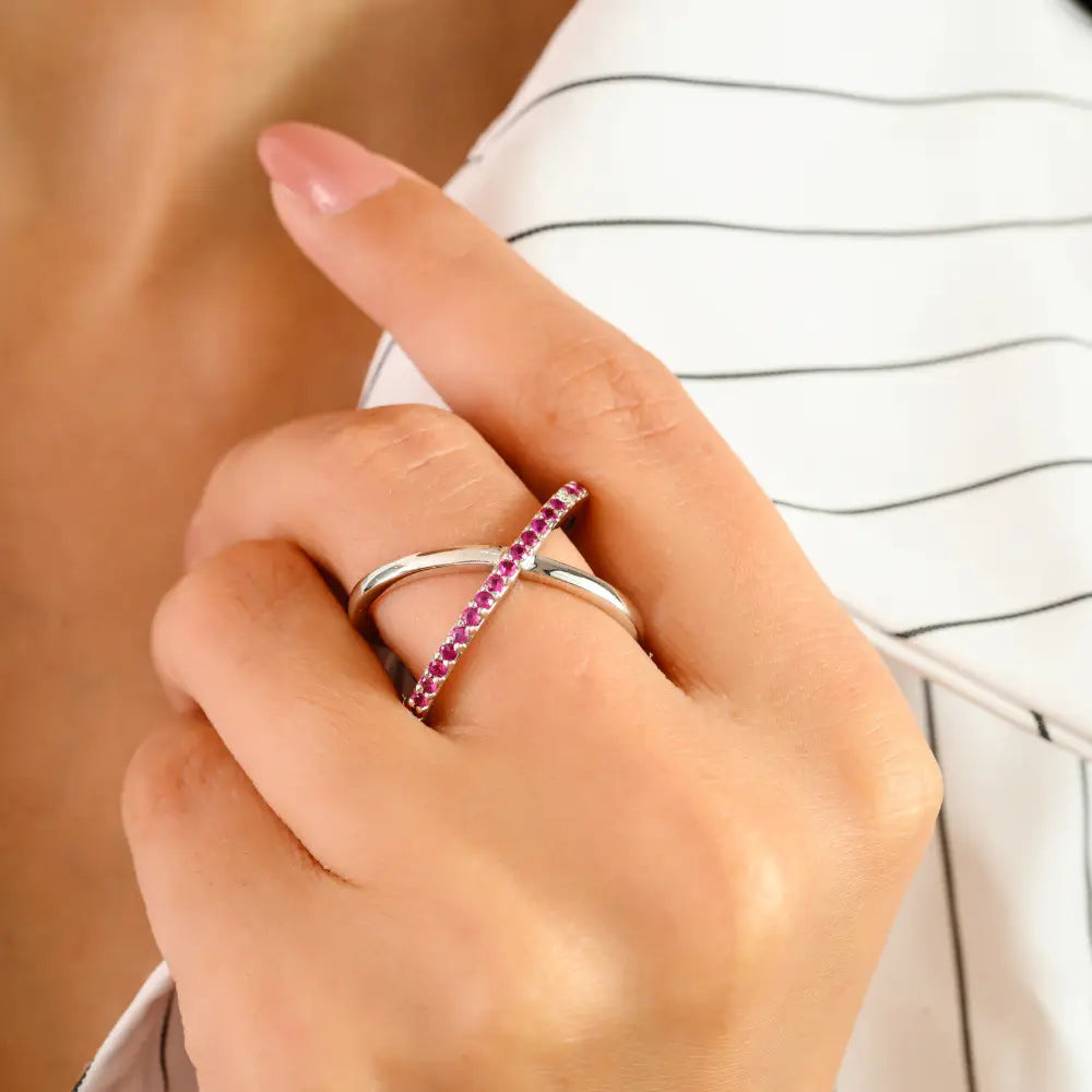 Statement Fine Jewelry Round Cut Ruby & Diamond 14K White Gold Criss-Cross Ring