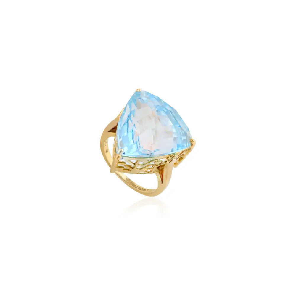Trillion Cut Blue Topaz 18K Yellow Gold Statement Ring For Unisex Custom Logo Wedding Jewelry