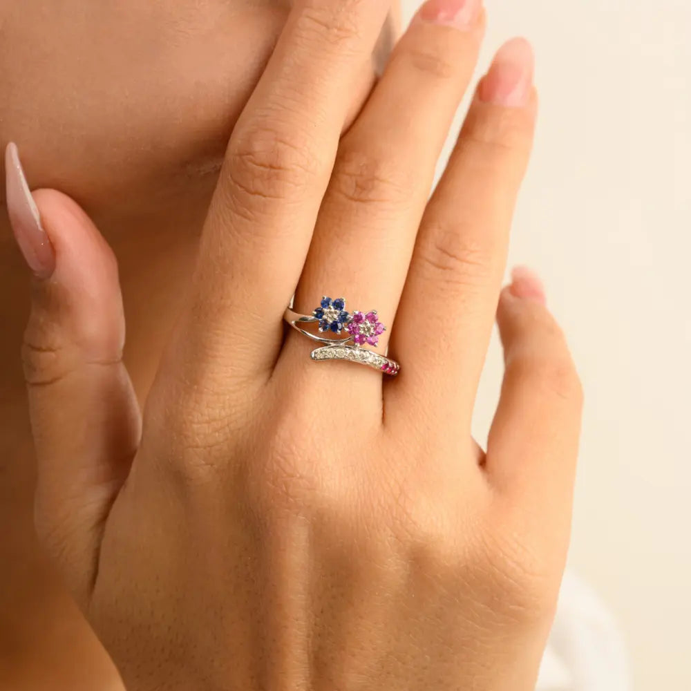14k Solid White Gold Designer Blue Sapphire, Ruby & Diamond Wedding Ring