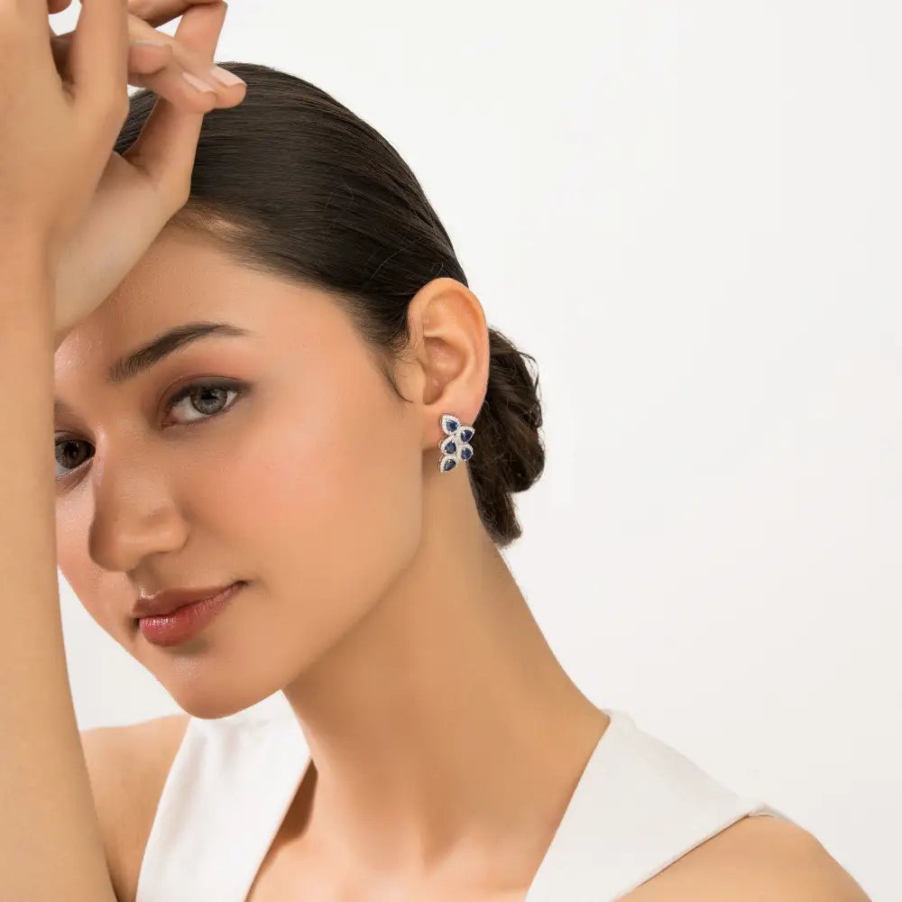 Unique Design Blue Sapphire & Diamond 14K Solid White Gold Wings Shape Halo Stud Earrings