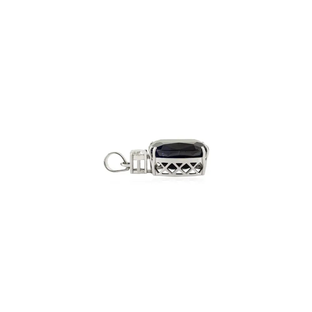 Double Prong Set Blue Sapphire & Diamond Solitaire Statement Pendant 14K Real White Gold