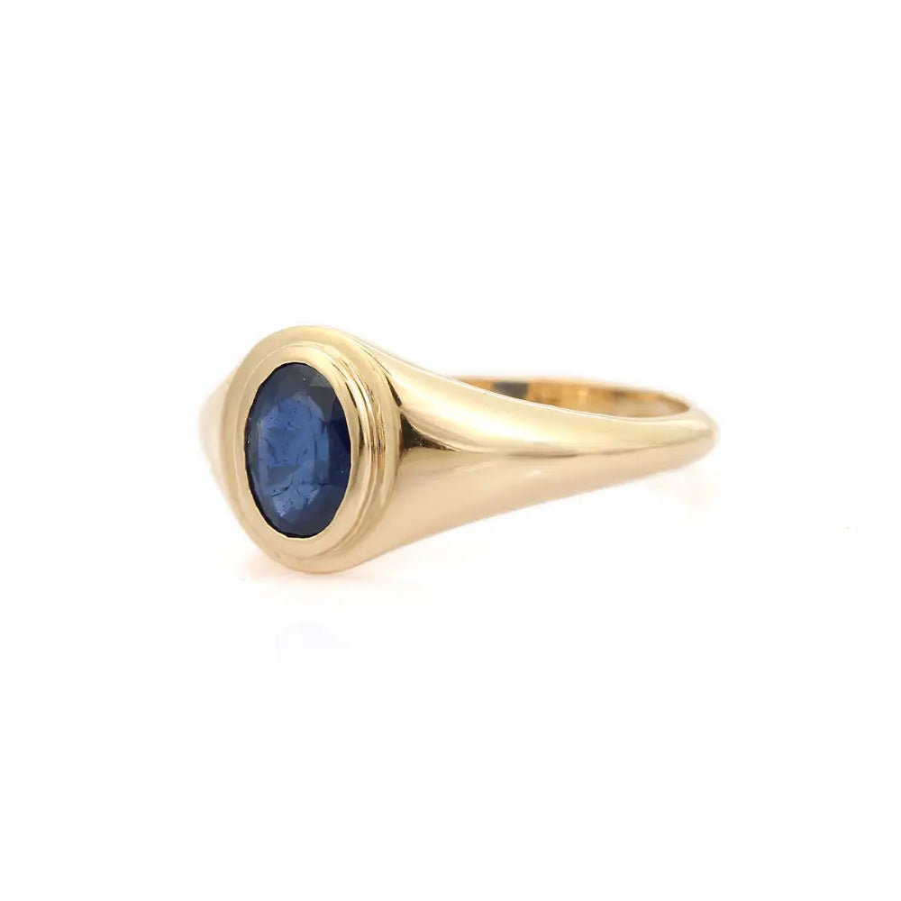 7X5 MM Oval Blue Sapphire Handmade Chunky Signet Ring 14K Pure Yellow Gold Unique Jewelry