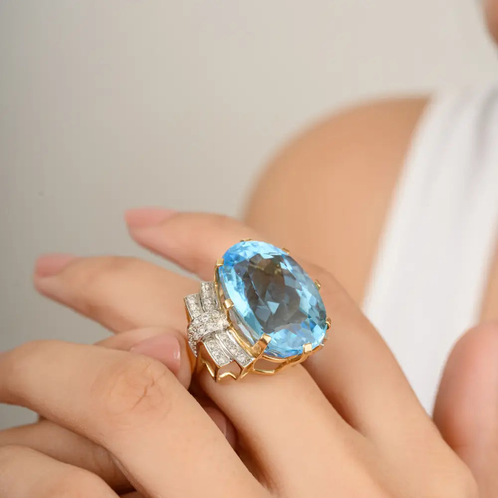 14K Yellow Gold Real Blue Topaz & Diamond Chunky Ring December Birthstone Jewelry Gift