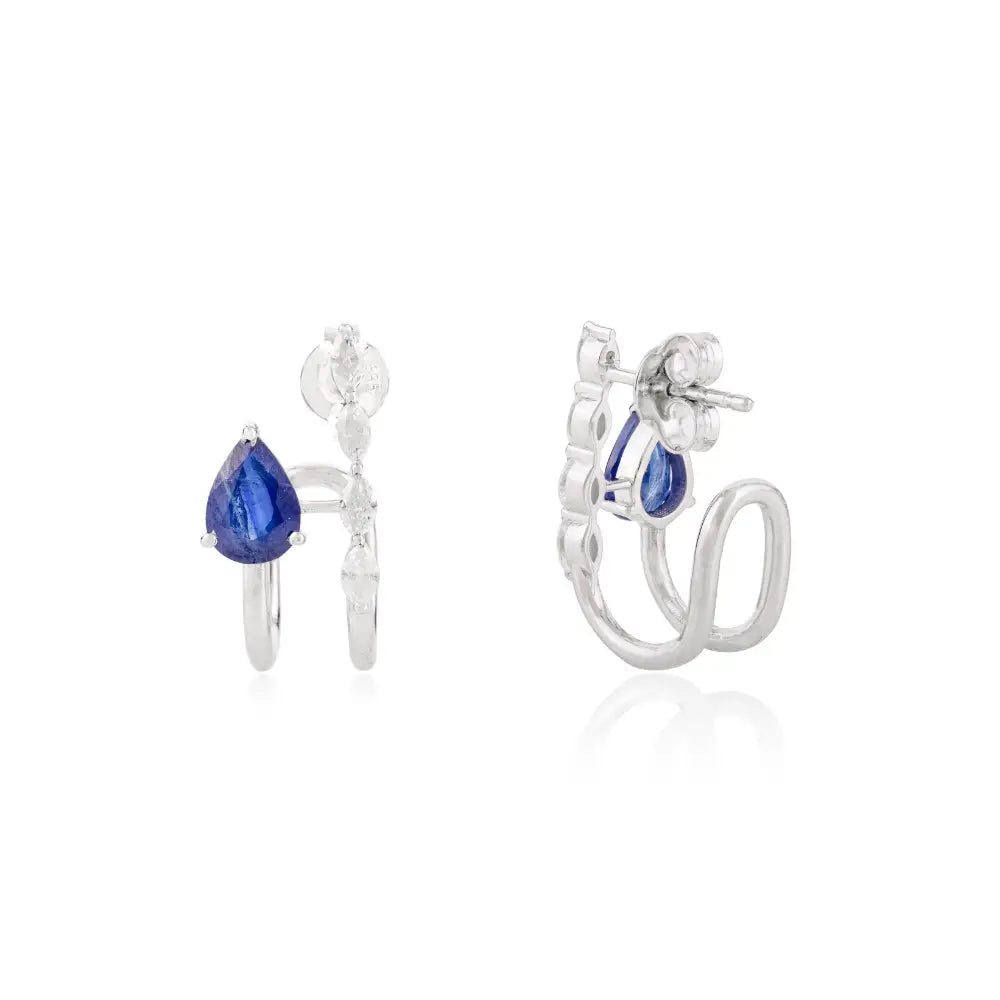 Modern Design K14 White Gold Blue Sapphire & Diamond Huggies Stud Earrings Unique Jewelry