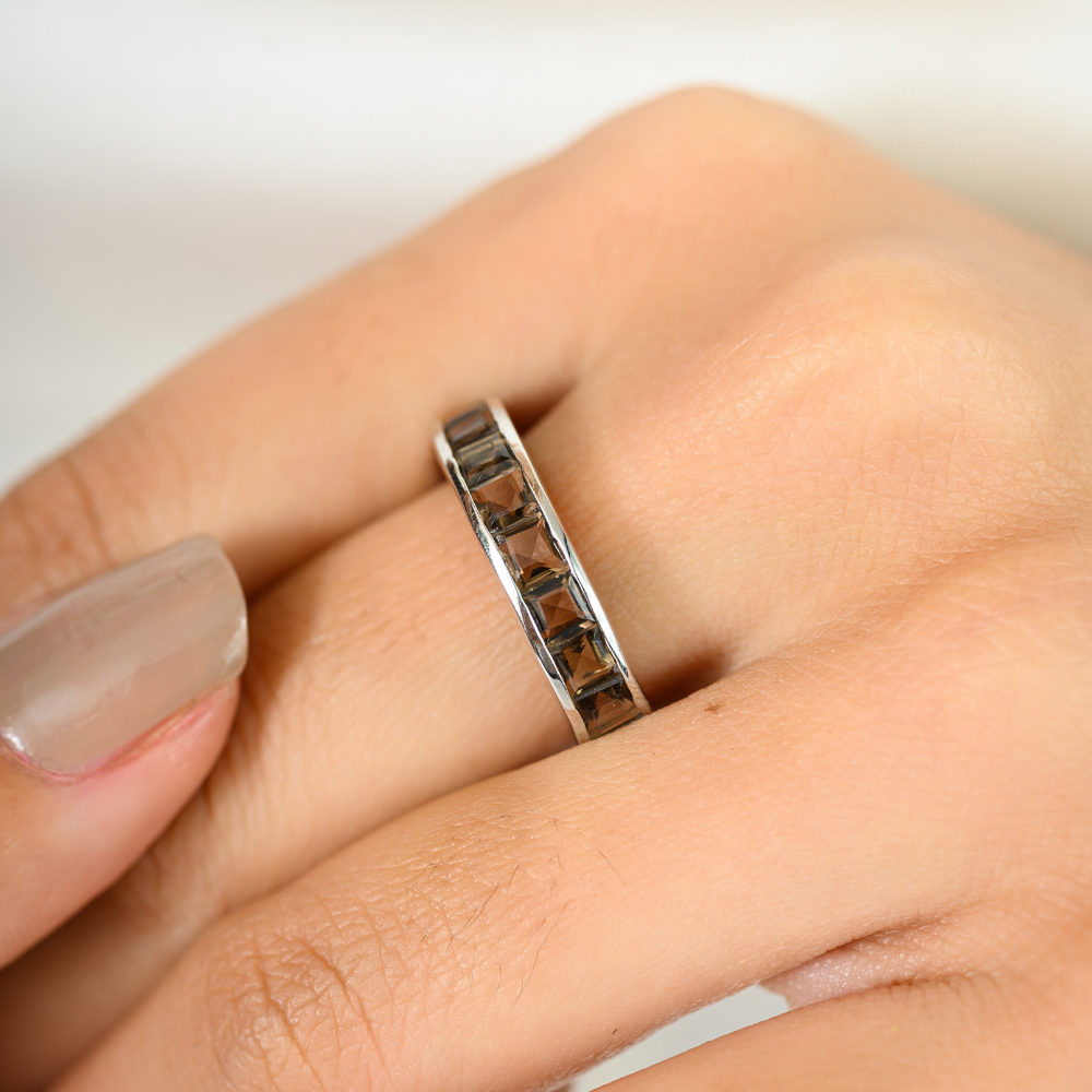 Solid 925 Silver Square Shape 100% Authentic Smoky Topaz Half Eternity Band Ring Birthday Gift For Her