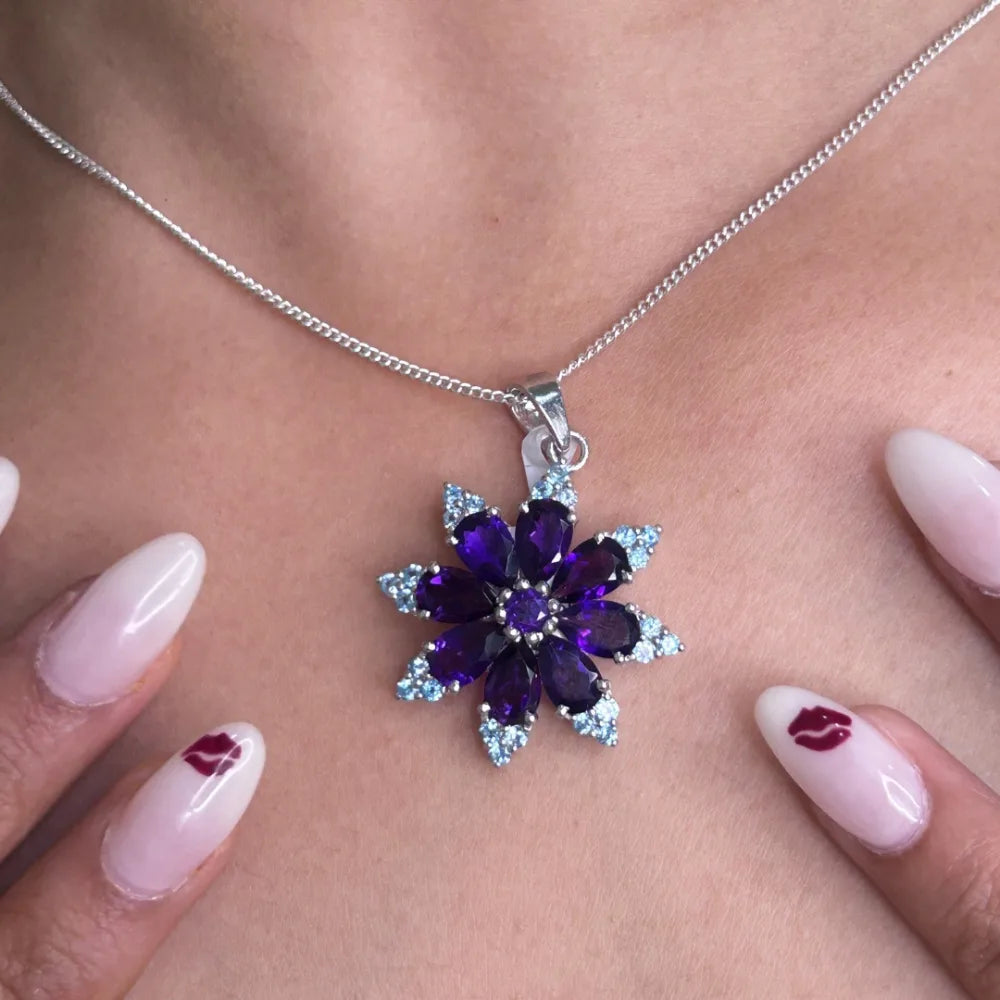 Birthstone Jewelry Handmade Real Multi Gemstone Flower Pendant Birthday Gift For Her