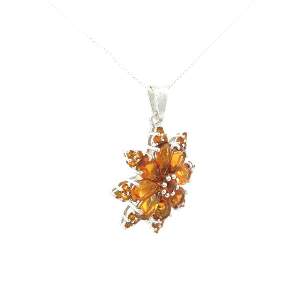 925 Solid Silver Fine Jewelry Genuine Pear & Round Shape Citrine Gemstone Flower Pendant