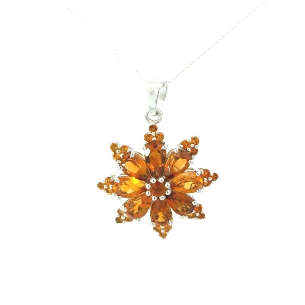925 Solid Silver Fine Jewelry Genuine Pear & Round Shape Citrine Gemstone Flower Pendant