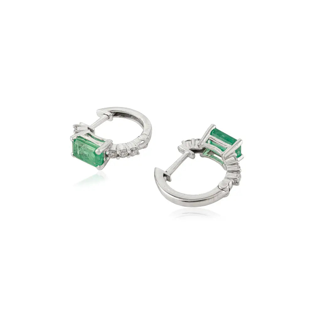 Minimal Jewelry Zambian Emerald & Diamond Small Hoop Earrings K14 Real White Gold