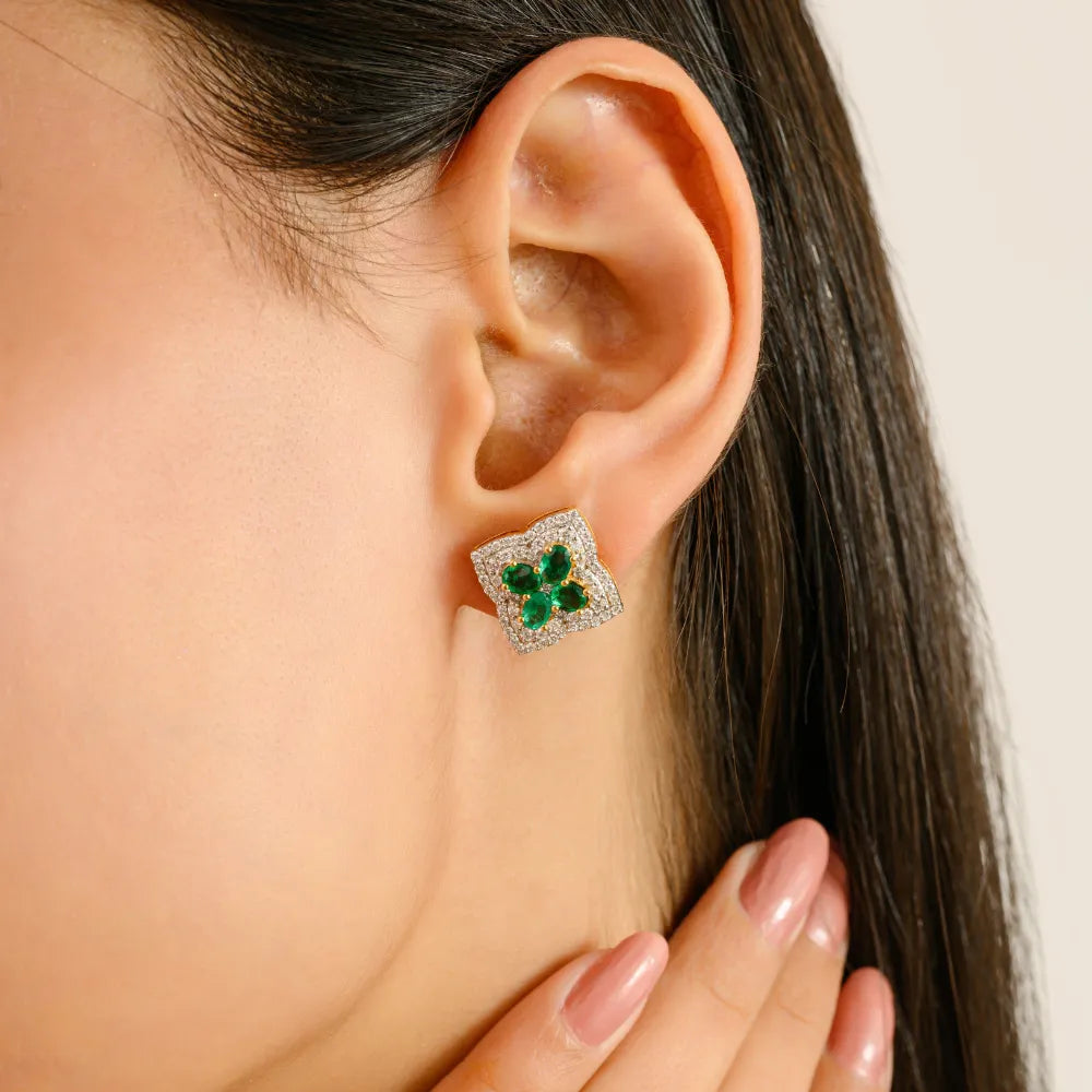 14K Yellow Gold Emerald & Diamond Four Leaf Clover Stud Earrings Wedding Women Jewelry